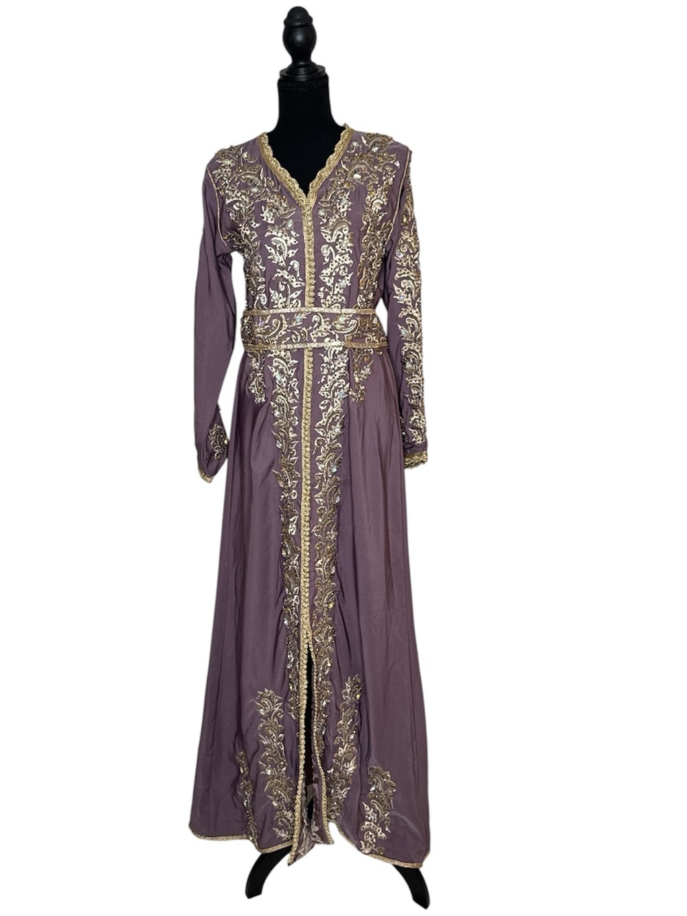 Embroidered Long Caftan Dress in Mauve with Gold Trim